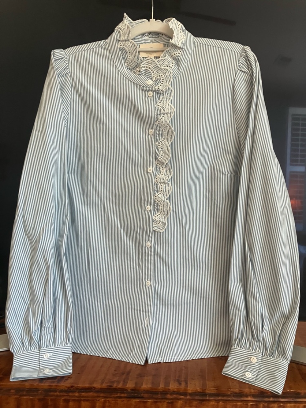 Sezane Chlo Blouse in ecru and blue pinstripes, size 10, 42 - Picture 3 of 5